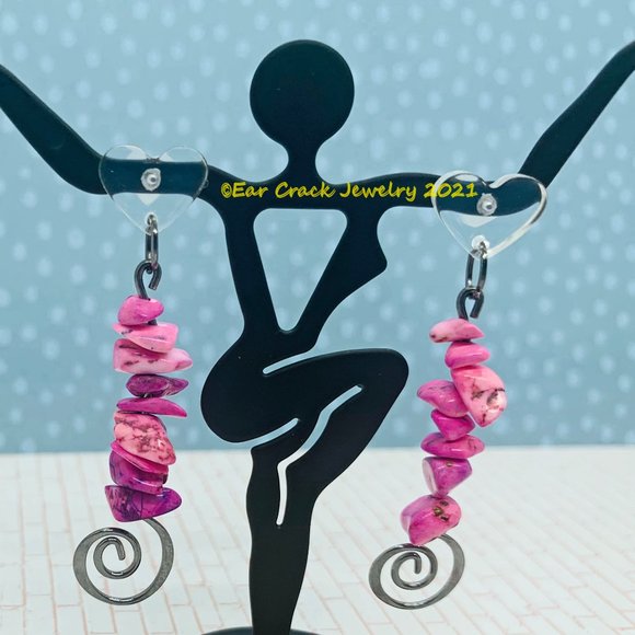 Hand Crafted - Rock Bead Pink Dangle Earrings - Picture 8 of 10